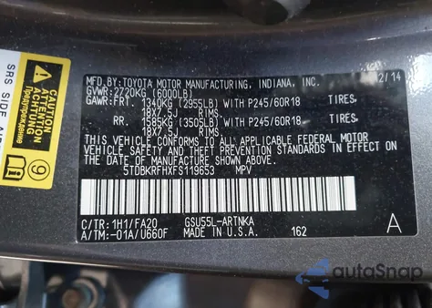 2015 Toyota Highlander Le Plus V6 z USA, uszkodzony, nr VIN 5TDBKRFHXFS119653